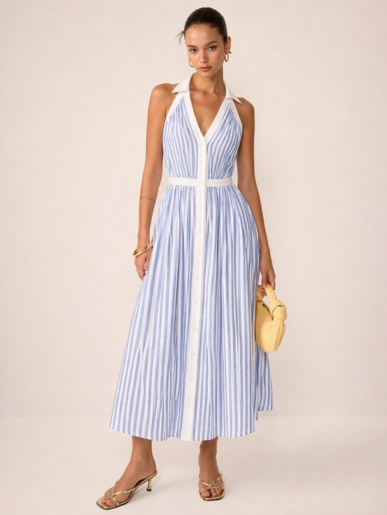 Commense Dresses & Skirts - Blue & White Striped Cotton Blend Collared Halter Midi Dres
Small NWT